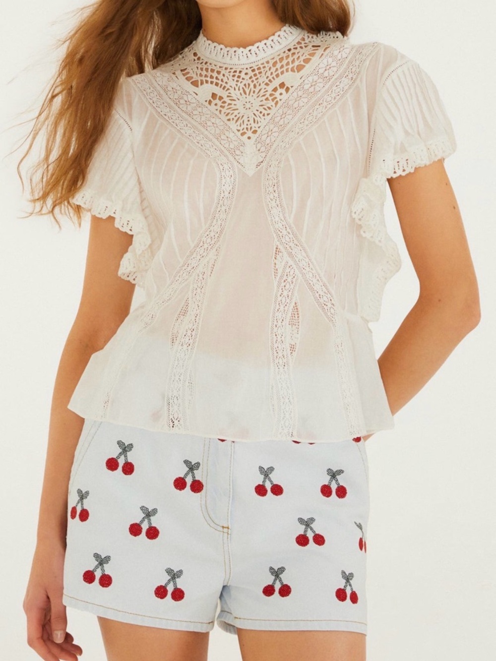 FARM Rio Off-White Organic cotton lace-inset mock neck top
